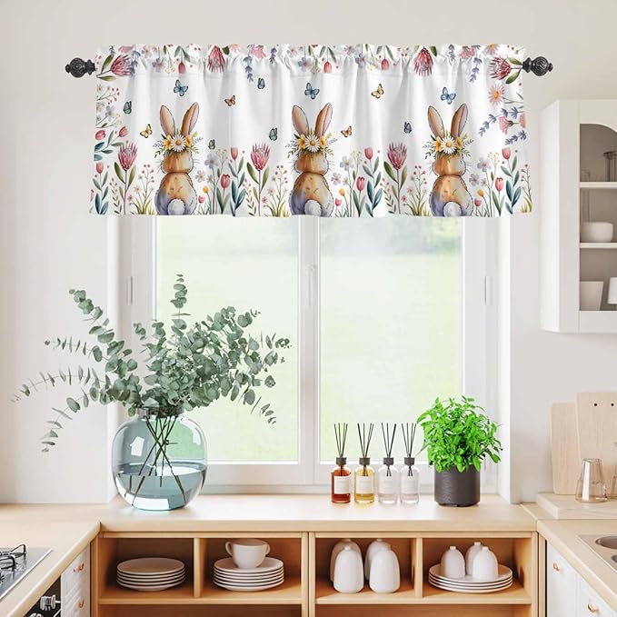 Kitchen Curtains Tiers and Valance Set of 3, Easter Light Filtering Window Curtain Set, Spring Flowers Wreath Rabbit Budding Florals Rod Pocket Curtain Drapes for Cafe, Living Room, 36 Inches Tiers