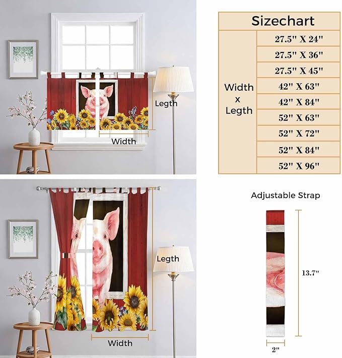 Pigs Sunflowers Living Room Curtains 84 Inch Length, Window Curtains Tab Top, Farmhouse Red Barn Flowers Animals Light Filtering Window Treatments Drapes 42"x84" 2 Panel