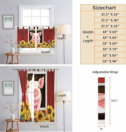 Pigs Sunflowers Living Room Curtains 84 Inch Length, Window Curtains Tab Top, Farmhouse Red Barn Flowers Animals Light Filtering Window Treatments Drapes 42"x84" 2 Panel