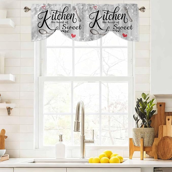 Kitchen Knife Fork Tie Up Valance Curtains for Windows, Kitchen Curtains Window Shades, Vintage Love Heart Grey Wood Grain Light Filtering Roman Curtain Valances for Bedroom/Bathroom/Cafe 60"x18"
