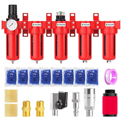 TAILONZ PNEUMATIC 0-150PSI 1/2 Inch NPT Red Industrial Grade 5 Stage Air Drying System, Particulate Filter, Coalescing Filter, Double Desiccant Dryer and Air Regulator (Manual Drainage)