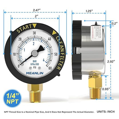 MEANLIN MEASURE 0~60Psi Stainless Steel Start and Clean Filter Pressure Gauge 1/4" NPT 2"FACE DIAL Waterproof for Pool Filter Pump Swimming Pool, spa, Aquarium Lower Mount with Rotatable Plastic Frame
