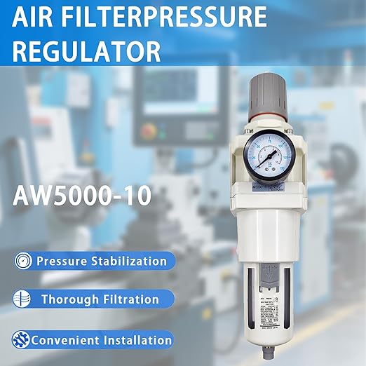 XingNEeng 1" NPT Compressed Air Filter Regulator Combo Piggyback, Water/Oil Trap Separator with Pressure Gauge(0-150 psi), Semi-Auto Drain, Poly Bowl, 5 Micron Brass Element, Metal Bracket