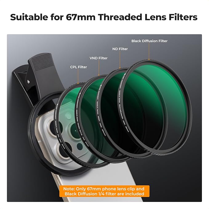 K&F CONCEPT 67mm Clip-on Black Diffusion 1/4 Phone Camera Lens Filter Kit, Mist Cinematic Effect Filter Compatible with iPhone 16 15 14 13 12 11, for Video/Vlog/Portrait Photography