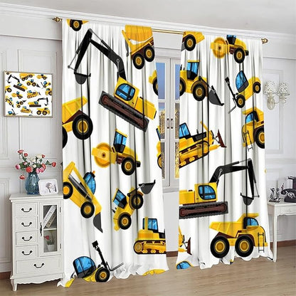 Kids Construction Equipment Window Curtains, Excavator Tractor Tow Truck Rod Pocket Decorative Windows Curtain for Children Teens Boys Girls Room Decor 72x63in (30% Blackout)