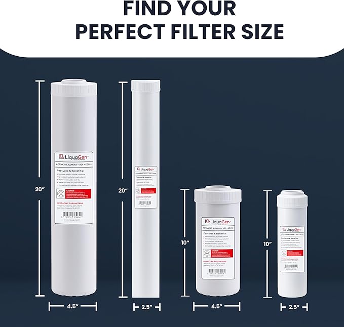 LiquaGen Activated Alumina + Carbon + KDF-55 Replacement Water Filter Cartridge – Helps Manage Fluoride, Chlorine & Taste, Refillable 2.5" x 10", 2.5" x 20", 4.5" x 10", 4.5" x 20" (4, 4.5" x 20")