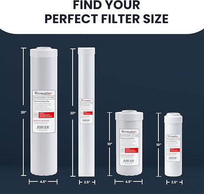 LiquaGen Activated Alumina + Carbon + KDF-55 Replacement Water Filter Cartridge – Helps Manage Fluoride, Chlorine & Taste, Refillable 2.5" x 10", 2.5" x 20", 4.5" x 10", 4.5" x 20" (4, 4.5" x 20")