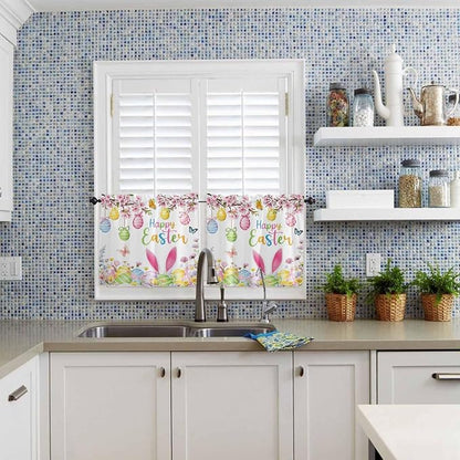Happy Easter Half Window Curtain 36 Inches Long, Spring Watercolor Bunny Eggs Flower Branch Window Treatment Curtain Drapes, Small Tier Curtains for Bathroom Over Sink, 27.5"x36", 2 Panels