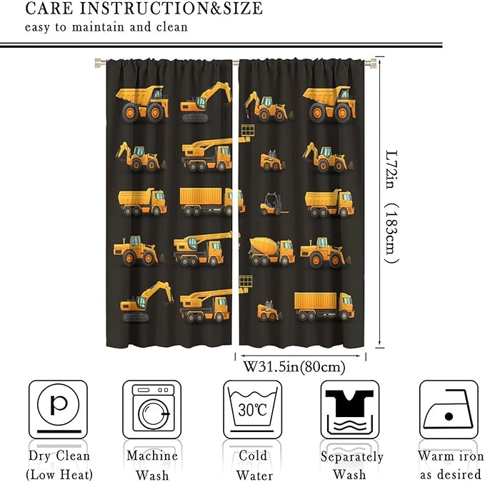 Kids Construction Window Curtains, Construction Machinery Equipment Mode of Transport Bulldozer Tractor Windows Curtain for Children Teens Room Decor 63x72in (30% Blackout)