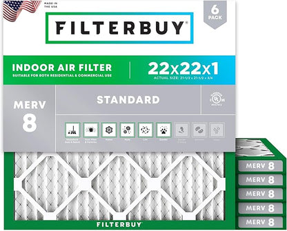 Filterbuy 22x22x1 Air Filter MERV 8 Essential Dust & Allergy Defense (6-Pack), Electrostatic Pleated HVAC AC Furnace Filters Replacement, Made in USA (Actual Size: 21.50 x 21.50 x 0.75)