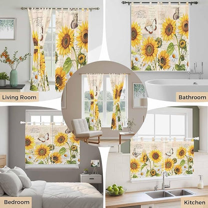Yellow Sunflowers Living Room Curtains 84 Inch Length, Window Curtains Tab Top, Country Farm Butterfly Flower Light Beige Light Filtering Window Treatments Drapes 42"x84" 2 Panel