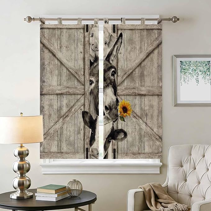 Funny Farm Animals Bathroom Curtains 63 Inch Length, Window Curtains Tab Top, Vintage Barn Brown Sunflowers Light Filtering Window Treatments Drapes 52"x63" 2 Panel