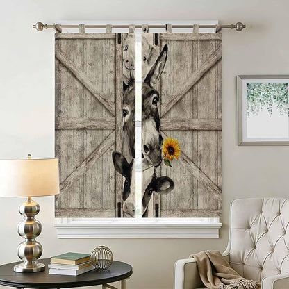 Funny Farm Animals Bathroom Curtains 63 Inch Length, Window Curtains Tab Top, Vintage Barn Brown Sunflowers Light Filtering Window Treatments Drapes 52"x63" 2 Panel