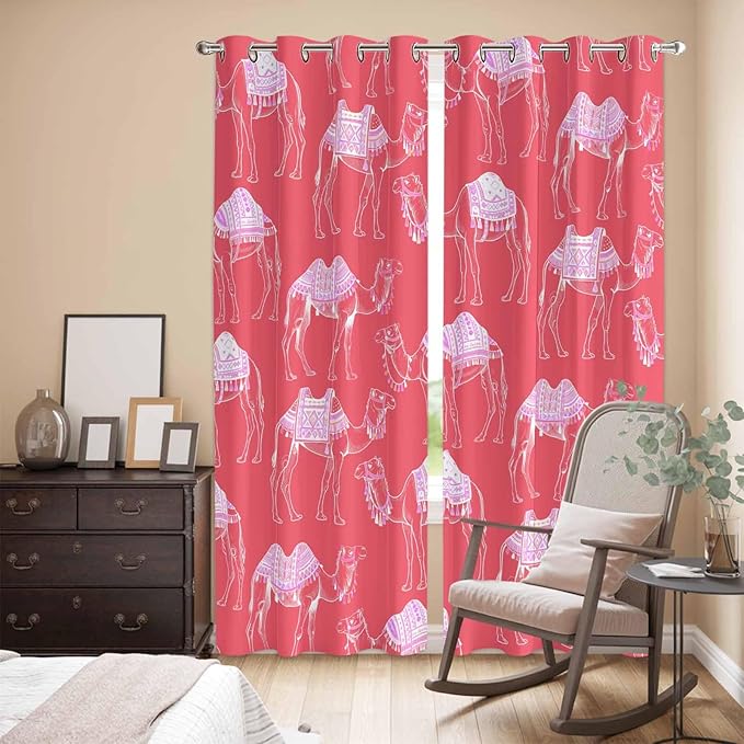 2 Panel Kitchen Cafe Curtains, Desert Camel Sunlight Filtering Nature Air Through, Home Decor Window Covering Tier Curtains for Living Room 104W x 96L inch Summer Sand Camel Animal Vintage Pink