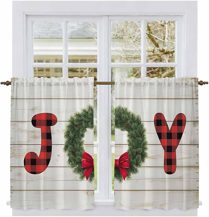 Christmas Wreaths Kitchen Tier Curtains 45 Inch Long 2 Panel Set,Rod Pocket Short Window Treatment,Winter Bow Plaid Farmhouse Wooden Grain Curtains & Drapes for Bathroom Basement 27.5"W x 45"L