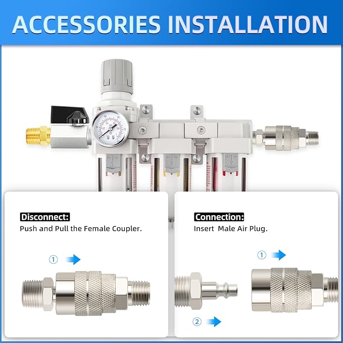 Industrial 3/8" NPT 3 Stage Air Drying System,Coalescing Filter, Particulate Filter and Air Regulator, Manual Drain for Air Tools and Spray Paint Gun