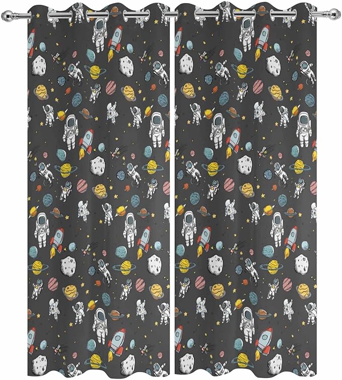Cartoon Space Outdoor Curtains for Patio Rockets Planets Astronauts Gray Waterproof Outside Curtains with Grommet Top Weatherproof Curtain for Cabana Pergola Gazebo, 2 Pack, 54" W x 84" L