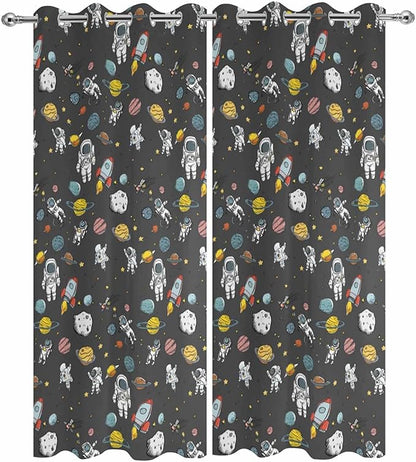 Cartoon Space Outdoor Curtains for Patio Rockets Planets Astronauts Gray Waterproof Outside Curtains with Grommet Top Weatherproof Curtain for Cabana Pergola Gazebo, 2 Pack, 54" W x 84" L