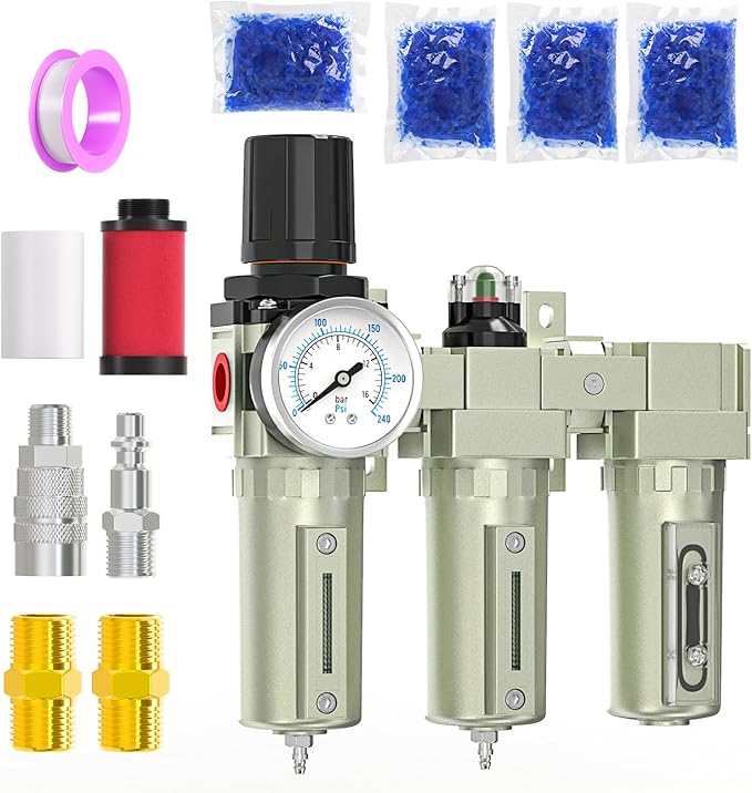 Heavy Duty Industrial Grade 1/2" NPT 3 Stage Air Drying System,Coalescing Filter, Particulate Filter, Desiccant Dryer and Air Regulator, Manual Drain, For Plasma Cutter and Paint Spray
