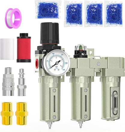 Heavy Duty Industrial Grade 1/2" NPT 3 Stage Air Drying System,Coalescing Filter, Particulate Filter, Desiccant Dryer and Air Regulator, Manual Drain, For Plasma Cutter and Paint Spray