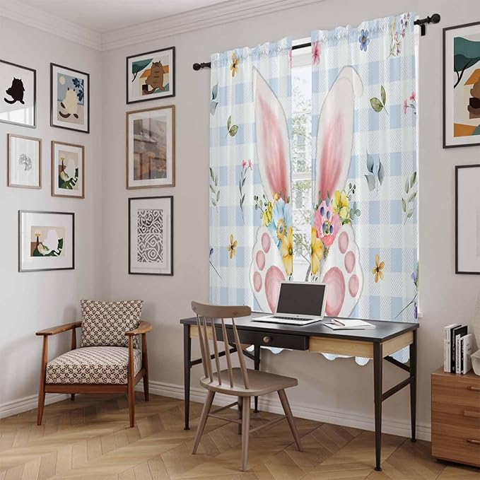 Easter Window Curtains 72 Inch Long 2 Panel Set, Rod Pocket Long Curtains & Drapes, Spring Rabbits Ears Feet Floral Blue Lattice Light Filtering Window Treatment for Bedroom Living Room 52"W x 72"L