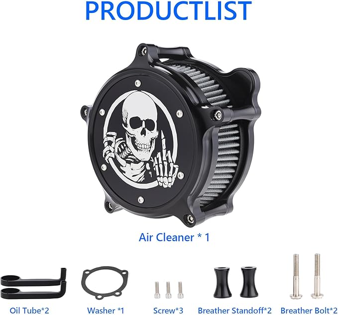 Motorcycle Air Filter Skull Style Air Cleaner with Filter Sock Dustproof Protective Cover Kit for Harley Touring 2000-07 Softail 2000-15 Dyna 2000-17, Excludes 2017 FXDLS (Black)