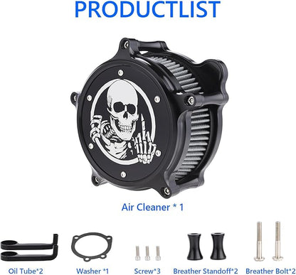 Motorcycle Air Filter Skull Style Air Cleaner with Filter Sock Dustproof Protective Cover Kit for Harley Touring 2000-07 Softail 2000-15 Dyna 2000-17, Excludes 2017 FXDLS (Black)