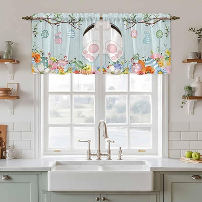 Easter Bunny Kitchen Tier Curtains 24 Inch Long 2 Panel Set,Rod Pocket Cafe Small Window Curtains Over Sink,Easter Eggs Spring Farmhouse Wood Grain Teal Blue Light Filtering Short Drapes 27.5"W x 24"L