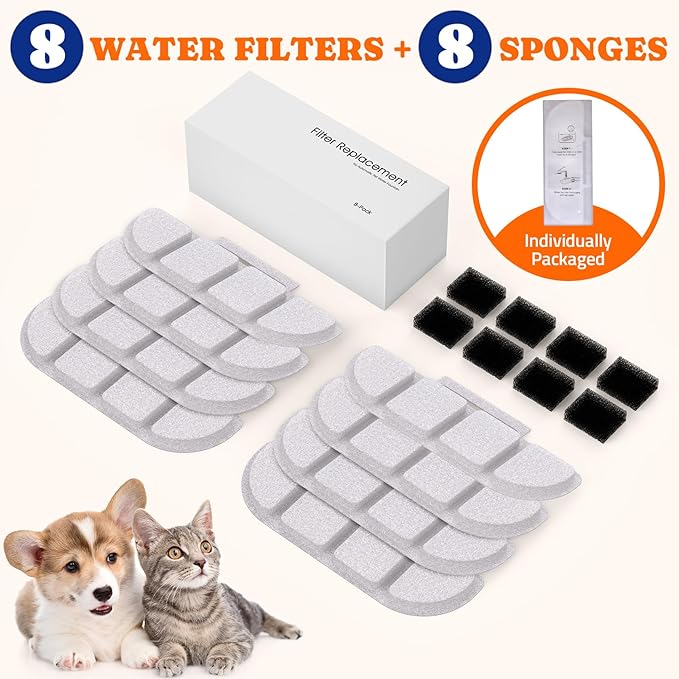Pawtners 8 Packs Replacement Filters for WF008A Cat Water Fountain, Multiple Filtration Material, Replacement Filter for Pet Cats Dogs Water Fountains