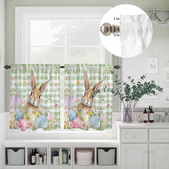 Kitchen Curtains Tiers and Valance Set of 3, Easter Light Filtering Window Curtain Set, Spring Bunny Colorful Eggs Floral Leaves Grey Plaid Rod Pocket Curtain Drapes for Living Room, 24 Inches Tiers