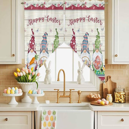 Swag Curtain,Happy Easter Gnomes with Eggs on Grass Kitchen Valances Rod Pocket Curtains Tier Pair Swag Topper,Spring Floral on Wood Barn 2 Panels Window Treatment for Bathroom Living Room Bedroom