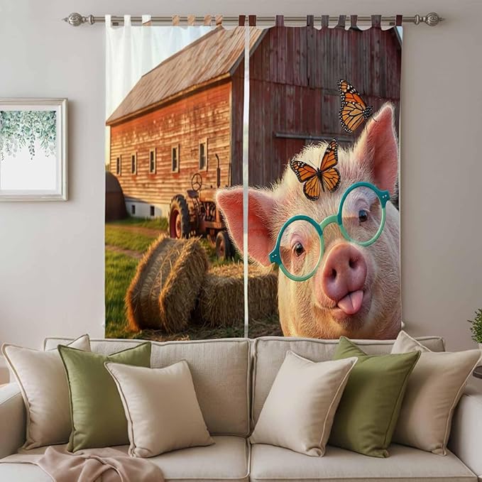 Farm Pig Living Room Curtains 84 Inch Length, Window Curtains Tab Top, Farmhouse Barn Funny Animals Butterfly Light Filtering Window Treatments Drapes 52"x84" 2 Panel
