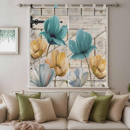 Watercolor Flowers Bathroom Curtains 63 Inch Length, Window Curtains Tab Top, Vintage Tulips Floral Barn Doors Wood Grain Light Filtering Window Treatments Drapes 52"x63" 2 Panel
