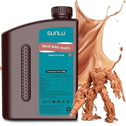 SUNLU 10K Red Wax 3D Printer Resin, High Precision 405nm UV-Curing Resin with Delicate Texture for MSLA/DLP/LCD 3D Printing, 2000g Red Wax Resin