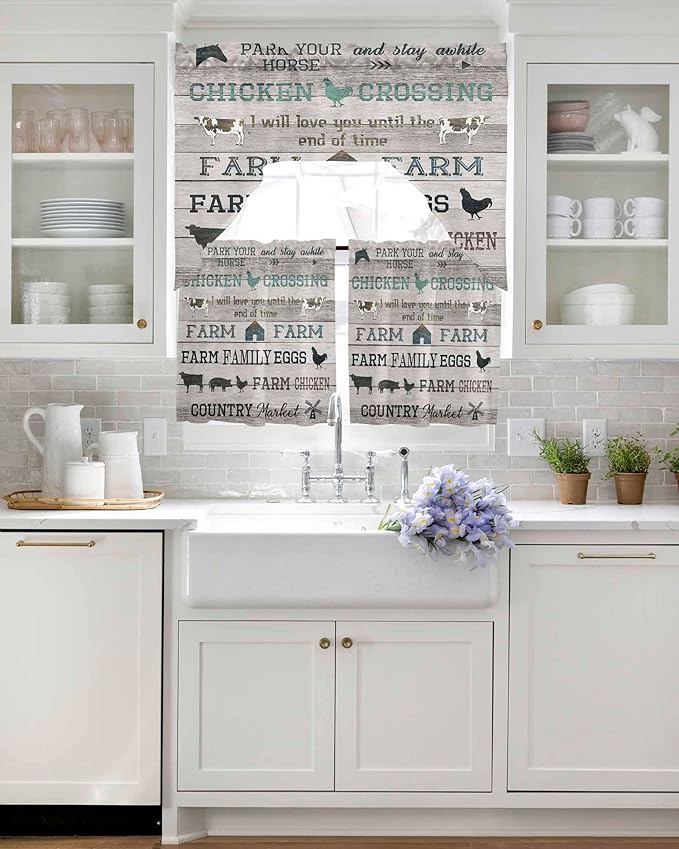 Farmhouse Swag Kitchen Curtains Valance and Tier Set, Green Black Barn Cow Pig Chicken Brown Wood Grain Light-Filtering Swag Valance 36 Inch Length, Rod Pocket Short Curtain for Bedroom Cafe