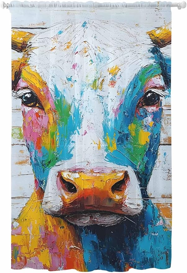 Sheer Curtains 108 Inches Long, Funny Colorful Cow Semi Sheer Curtains Light Filtering Window Treatment, Retro Rustic Oil Painting Wood Grain Privacy Voile Drapes for Living Room Bedroom 52x108 Inch
