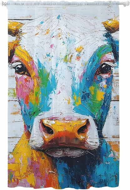 Sheer Curtains 108 Inches Long, Funny Colorful Cow Semi Sheer Curtains Light Filtering Window Treatment, Retro Rustic Oil Painting Wood Grain Privacy Voile Drapes for Living Room Bedroom 52x108 Inch