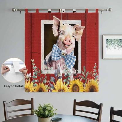 Pig Sunflowers Bedroom Curtains 72 Inch Length, Window Curtains Tab Top, Eucalyptus Leaves Floral Bees Red Barn Light Filtering Window Treatments Drapes 52"x72" 2 Panel