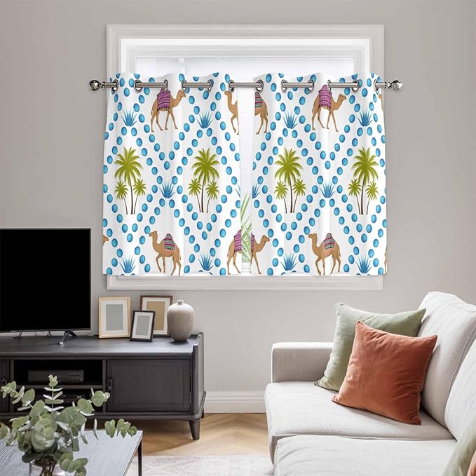 2 Panel Kitchen Cafe Curtains, Camels Palm Trees Sunlight Filtering Nature Air Through, Home Decor Window Covering Tier Curtains for Bedroom Living Room Tropical Desert Animal Plants Polka Dot