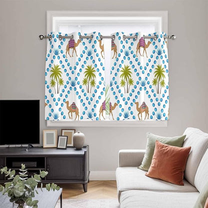 2 Panel Kitchen Cafe Curtains, Camels Palm Trees Sunlight Filtering Nature Air Through, Home Decor Window Covering Tier Curtains for Bedroom Living Room Tropical Desert Animal Plants Polka Dot