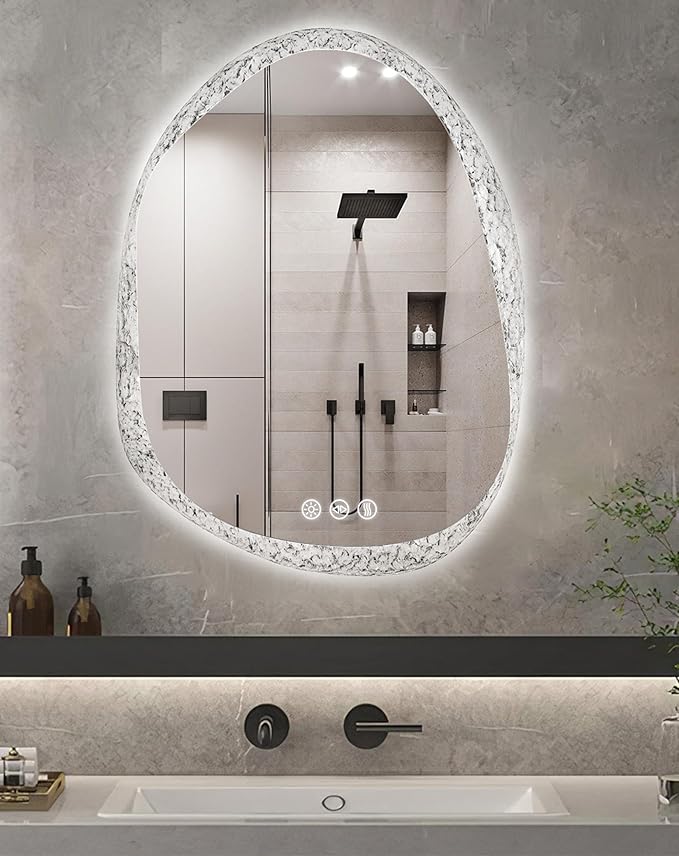 LUVODI Lighted LED Bathroom Mirror: 36”x28”Irregular Stone Pattern Frosted Wall Vanity Mirror with Bright Back Lit - Modern Dimmable Smart Mirror Anti Fog with Touch Switch Sensor for Restroom Bedroom