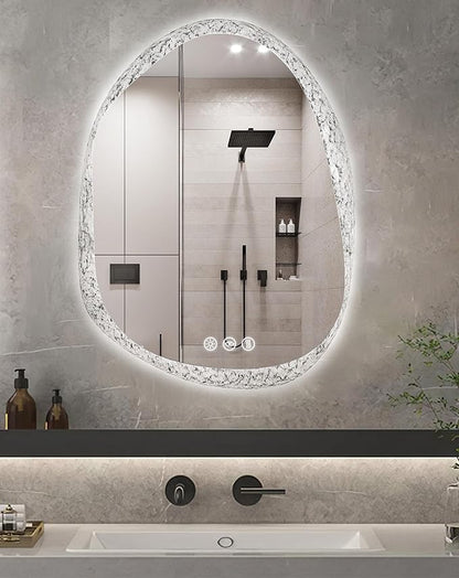 LUVODI Lighted LED Bathroom Mirror: 36”x28”Irregular Stone Pattern Frosted Wall Vanity Mirror with Bright Back Lit - Modern Dimmable Smart Mirror Anti Fog with Touch Switch Sensor for Restroom Bedroom