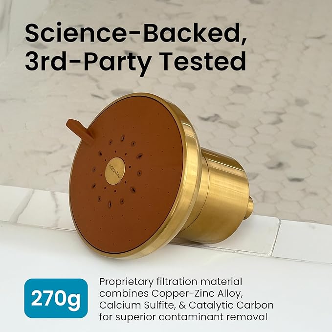 AquaTru Shower - High Pressure Shower Filter Removes Impurities from Hard Water to Support Healthy Skin, Scalp, Hair, Reduce Breakage, and Enhance Your Beauty and Self-Care Routine (Brushed Gold)