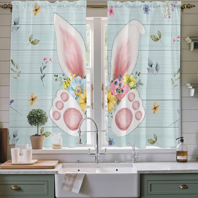 Easter Window Curtains 63 Inch Long 2 Panel Set, Rod Pocket Bedroom Curtains & Drapes, Spring Rabbits Ears Feet Flowers Wooden Grain Light Filtering Window Treatment for Living Room 42"W x 63"L