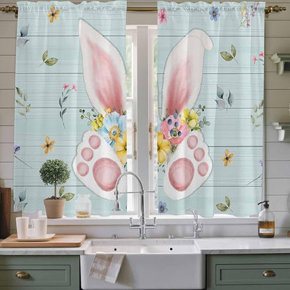 Easter Window Curtains 63 Inch Long 2 Panel Set, Rod Pocket Bedroom Curtains & Drapes, Spring Rabbits Ears Feet Flowers Wooden Grain Light Filtering Window Treatment for Living Room 42"W x 63"L