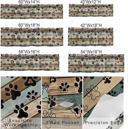 Dog Paws Valances for Windows, Teal Brown Wood Grain Kitchen Valance Light Filtering Rod Pocket Short Curtains for Kitchen Bathroom, 1 Panel, 54"x18"