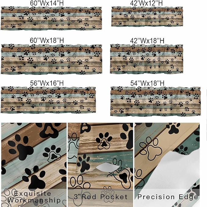 Dog Paws Valances for Windows, Teal Brown Wood Grain Kitchen Valance Light Filtering Rod Pocket Short Curtains for Kitchen Bathroom, 1 Panel, 60"x18"