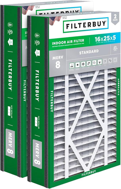 Filterbuy 16x25x5 Air Filter MERV 8 Essential Dust & Allergy Defense (2-Pack), Electrostatic Pleated HVAC AC Furnace Filters for Trion Air Bear 255649-105 and More (Actual Size: 15.63 x 24.13 x 4.88)