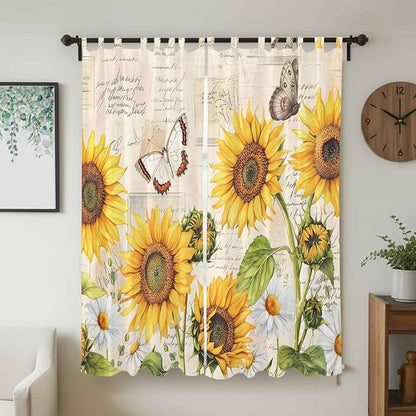 Yellow Sunflowers Living Room Curtains 96 Inch Length, Window Curtains Tab Top, Country Farm Butterfly Flower Light Beige Light Filtering Window Treatments Drapes 52"x96" 2 Panel