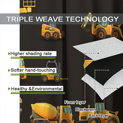 Kids Construction Window Curtains, Construction Machinery Equipment Mode of Transport Bulldozer Tractor Windows Curtain for Children Teens Room Decor 63x72in (30% Blackout)
